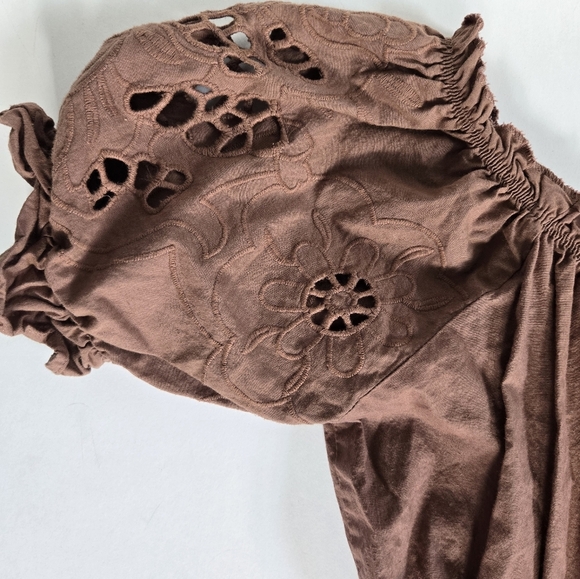 Rebellion Again brown puff sleeve floral embroidery stretch waist tiered dress S - Picture 4 of 8